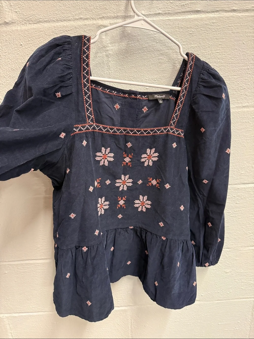 Madewell Navy Blouse with Pink Embroidery